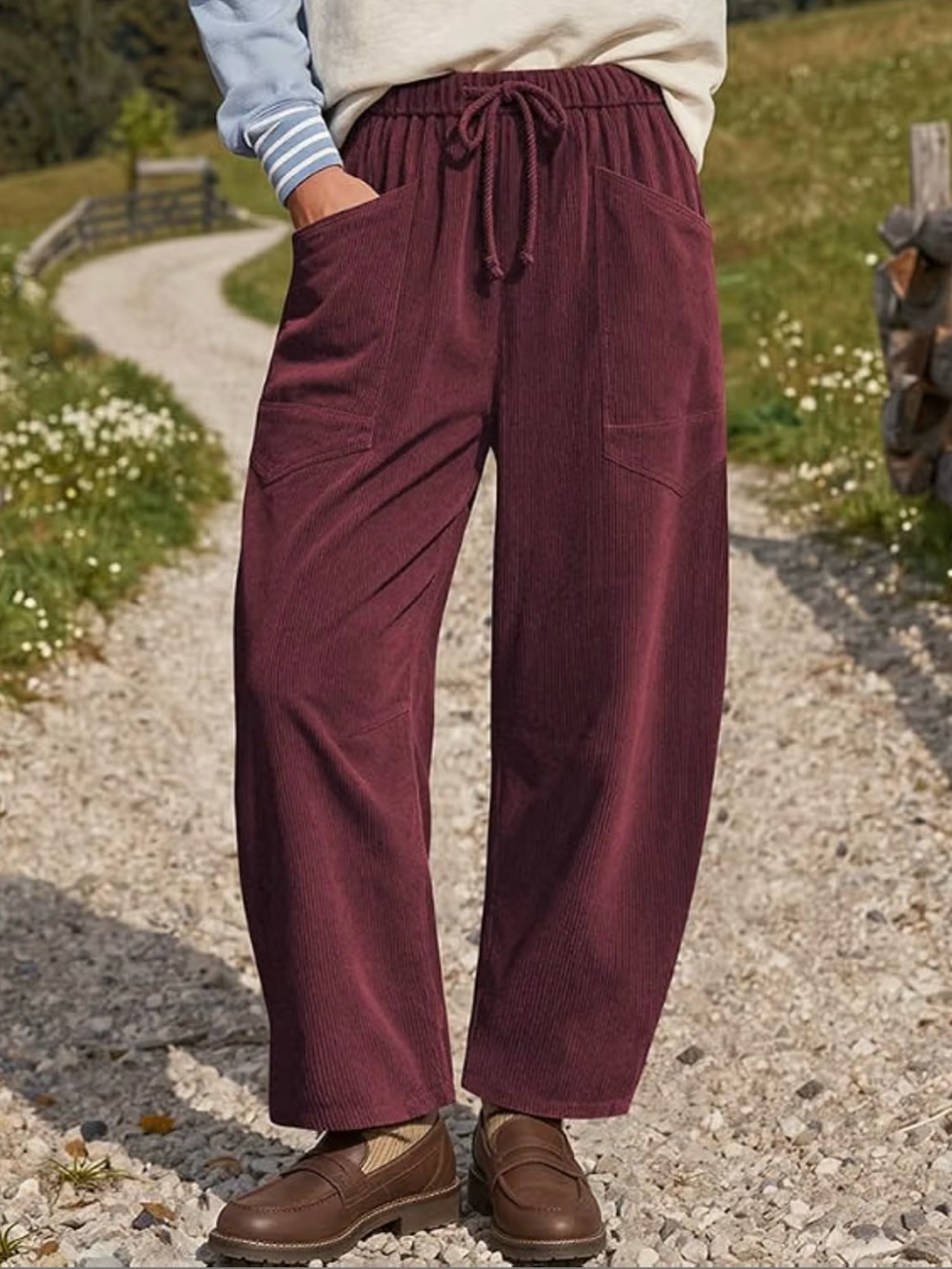 Wide-Leg Drawstring Corduroy Pants in Burgundy